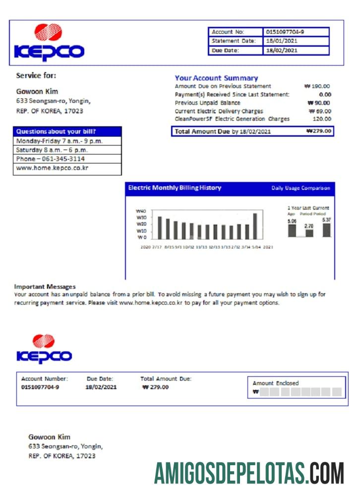 Em branco modelo de conta de serviços públicos de eletricidade da South Korea Electric Power Corporation em formato Word e PDF